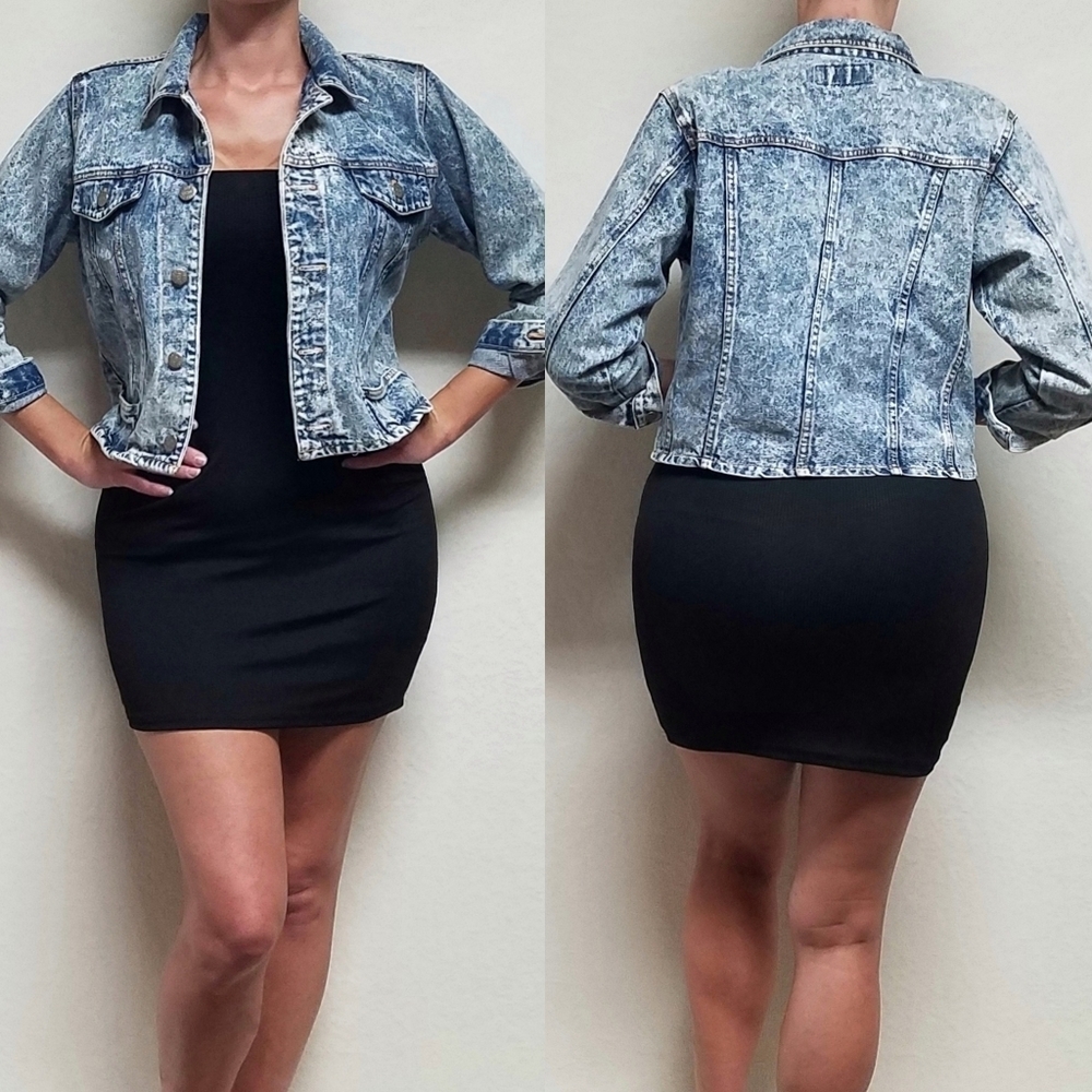 80s Vintage Mixed Blues Bodacious Acid Wash Denim Cropped Trucker Jacket S
